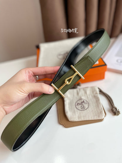JUMBO BELT GOLD BUCKLE & REVERSIBLE OLIVE GREEN AND BLACK LEATHER STRAP 32MM