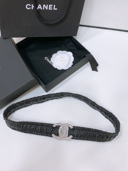 CC ELASTIC BELT 30MM IN BLACK CALFSKIN SILVER HARDWARE WITH RHINSTONES