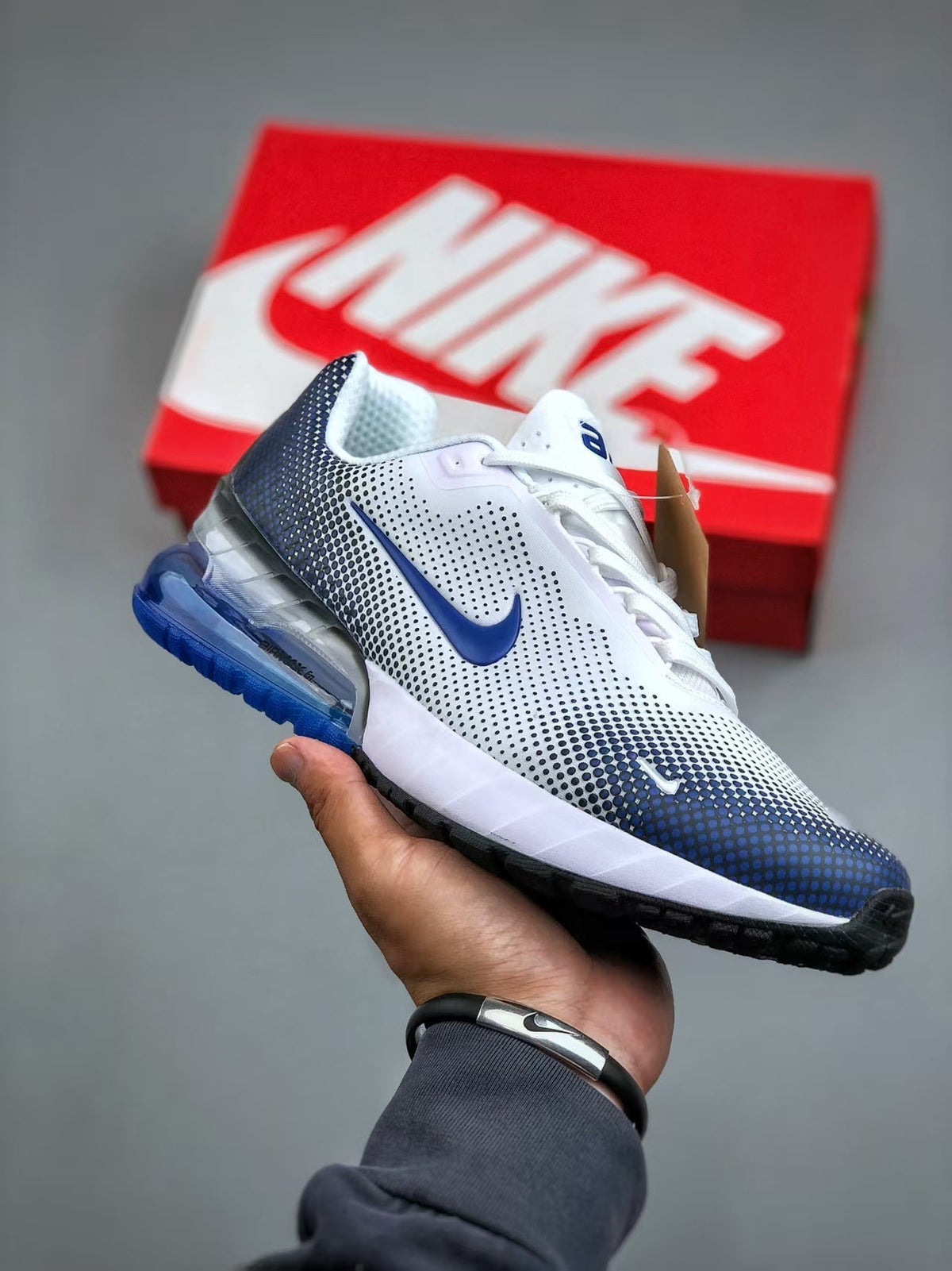 Nike Air Max White and Blue Running-Style Sneakers