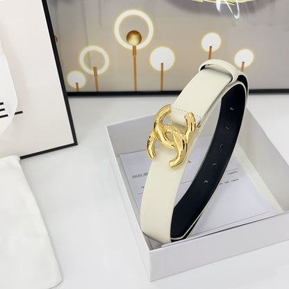 DOUBLE C BELT 30MM IN WHITE CALFSKIN WITH SHINY GOLD BUCKLE
