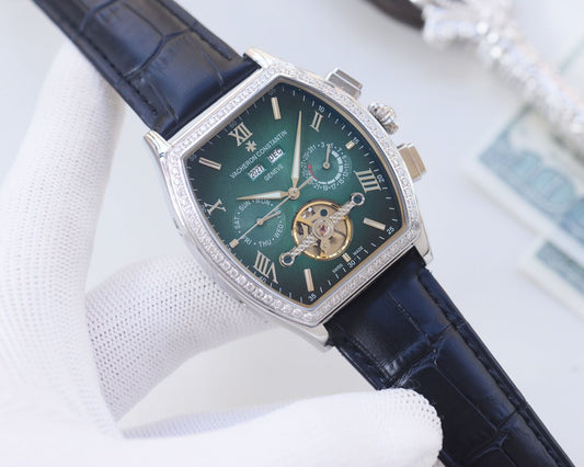 Vacheron Constantin Silver Green Blue Dial Strap Watch