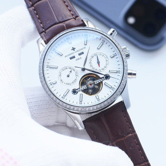 Vacheron Constantin Brown Silver White Dial Strap Watch