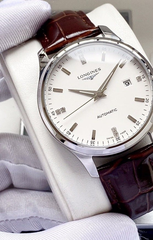Silver Brown White Dial Leather Strap Watch